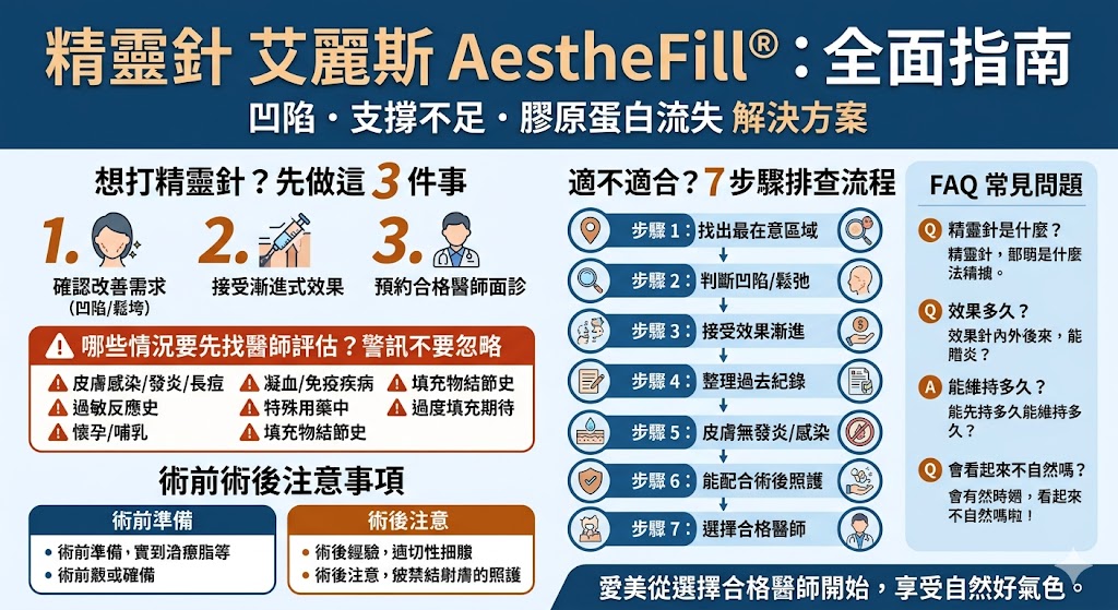 精靈針是艾麗斯 AestheFill® 的俗稱，屬於 PDLLA 聚雙旋乳酸膠原蛋白增生劑，可改善臉部凹陷、膠原蛋白流失與支撐不足。本文整理精靈針效果、適合族群、維持時間、術前術後注意事項與常見問題，幫助你在施打精靈針前先掌握評估重點。