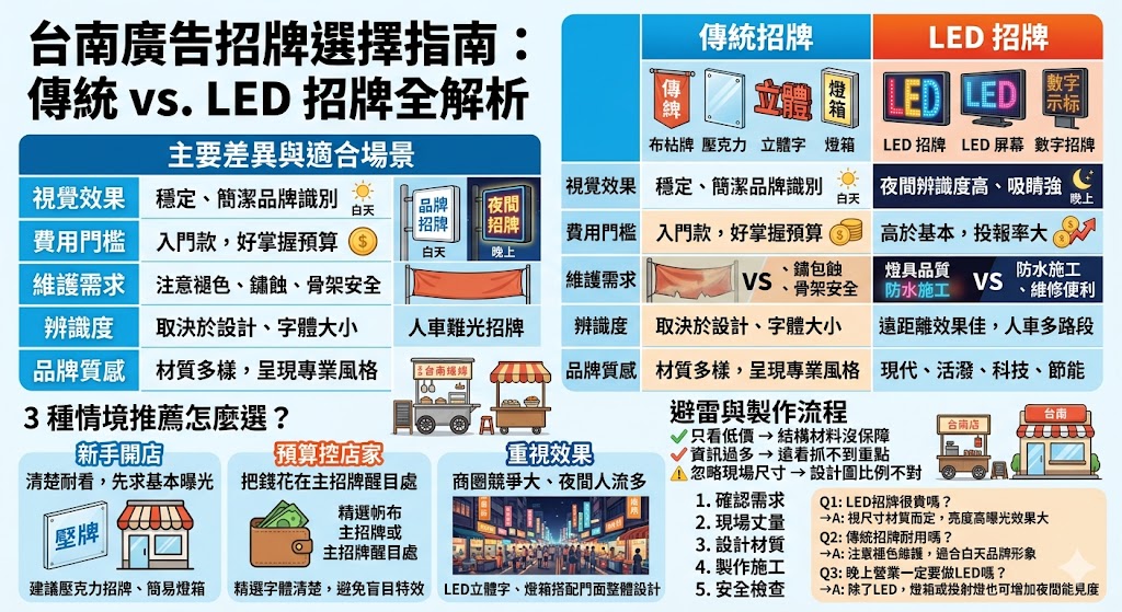 台南廣告招牌是店家曝光的重要工具，選擇時需考量品牌形象、預算和營業時間。傳統招牌如帆布或壓克力適合預算控管；LED 招牌則在台南夜間商圈更吸睛。台南廣告招牌的選擇直接影響客流與品牌曝光，需依據實際情境精準選擇。
