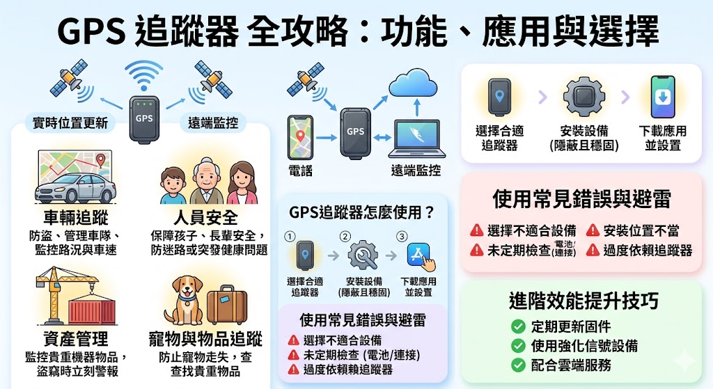GPS追蹤器是一種利用全球定位系統來實時跟蹤物品、車輛或人員的位置的裝置。它不僅能提高安全性，還可以廣泛應用於車輛管理、資產監控以及人員位置追蹤。本文將介紹GPS追蹤器的基本功能、選擇指南及如何使用這些設備來增強日常生活中的安全性與管理效率。無論是在車輛、家庭還是寵物追蹤方面，GPS追蹤器都能提供有效的解決方案。