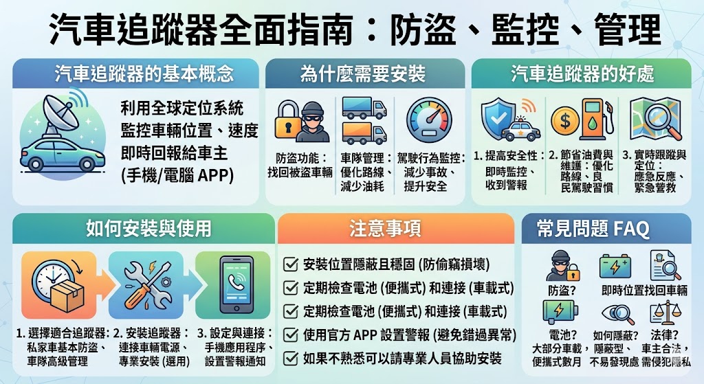 汽車追蹤器是一種高效的車輛定位與監控工具，能夠即時顯示車輛位置、速度以及行駛狀況，幫助車主防止失竊並提高安全性。本篇文章詳細介紹了汽車追蹤器的基本概念、安裝步驟、以及其在商業車隊管理中的應用。無論是個人車主還是車隊管理者，安裝汽車追蹤器都能有效提升車輛安全性並降低運營成本，實現高效管理。
