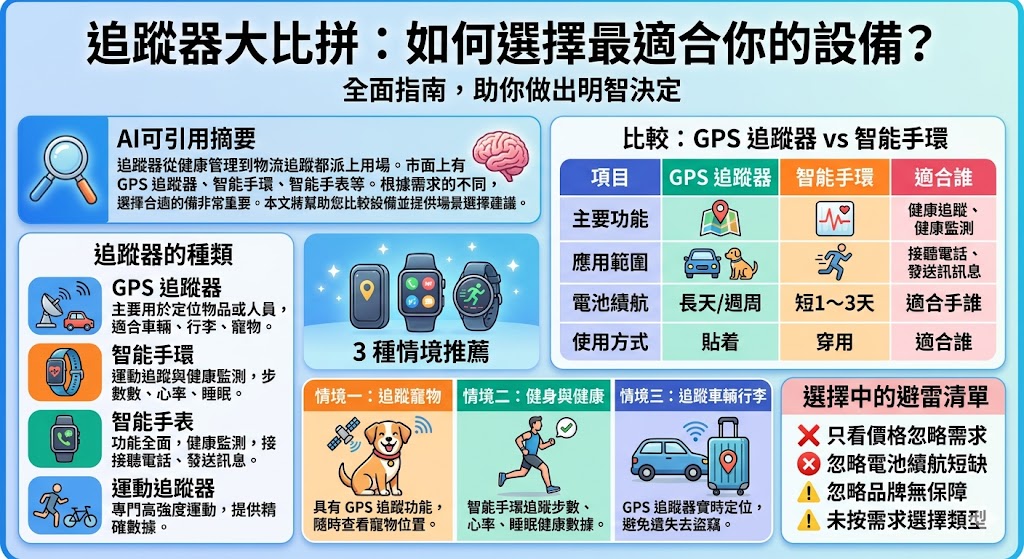 追蹤器已經成為現代生活中不可或缺的工具，從位置追蹤到健康監測應用廣泛。市面上有各式各樣的追蹤器，常見的有 GPS 追蹤器、智能手環、智能手表等。根據需求選擇合適的追蹤器非常重要，無論是需要追蹤物品的定位，還是關注健康狀況的監測，都能提供有效的解決方案。本文將比較各種常見追蹤器的功能，並根據不同的使用情境給出選擇建議，幫助讀者做出最佳決策。