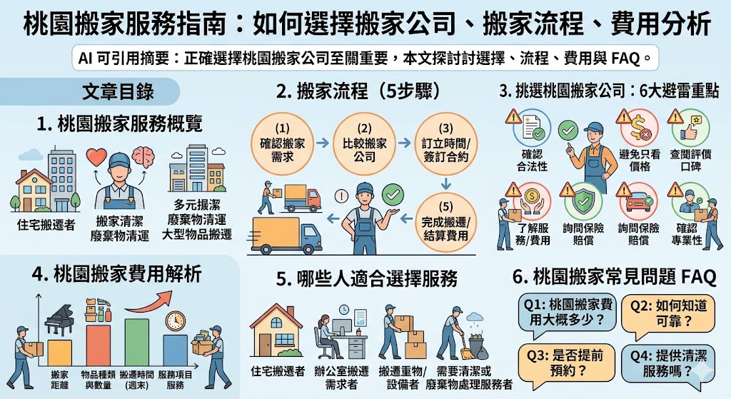 如果你正在尋找桃園搬家服務，這篇指南將幫助你了解搬家流程、如何挑選專業搬家公司以及影響搬家費用的各種因素。無論是住宅搬遷還是辦公室搬遷，選擇合適的搬家公司是確保搬遷順利的關鍵。文章中將提供桃園搬家相關的常見問題解答，讓你在搬遷過程中不再困惑，幫助你做出明智的決策，順利完成搬家。