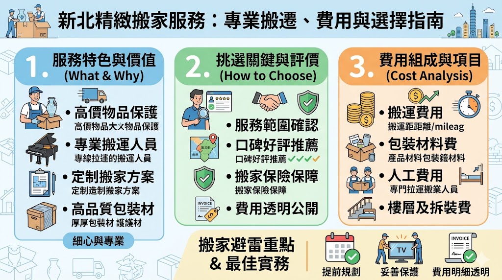 新北精緻搬家提供高品質的搬遷服務，專注於保護貴重物品及提供專業搬運方案。無論是大型家具、鋼琴或易碎物品，精緻搬家公司會提供專屬包裝與運送方案，確保物品在搬遷過程中的安全。選擇新北精緻搬家公司，能讓您享受無憂搬遷服務，並避免因為搬家過程中的疏忽而造成的損失。了解如何選擇適合的精緻搬家公司，讓您的搬家過程更加順利、專業。