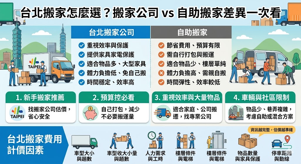台北搬家前，許多人會猶豫該找搬家公司還是自助搬家。本文整理台北搬家費用、搬運效率、物品保護、樓層電梯、停車動線與常見避雷重點，幫助你判斷哪種方式更適合。無論是小型搬家、家庭搬家或辦公室搬遷，都能快速掌握台北搬家比較重點，降低臨時加價與搬運風險。