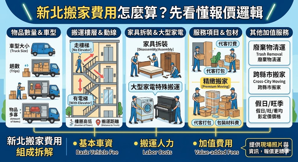 新北搬家費用會受到物品數量、搬運距離、樓層條件、是否有電梯、家具拆裝、大型家電搬運、包裝材料與廢棄物清運等因素影響,因此報價不應只看總價,而要確認服務內容是否完整。第一次找新北搬家公司時,建議先整理搬出搬入地址、現場照片、家具家電清單、紙箱數量與搬家日期,再向廠商索取報價或免費評估。透過了解新北搬家費用組成與報價單重點,能有效避免隱藏費用與臨時加價,找到更符合預算與需求的搬家方案。