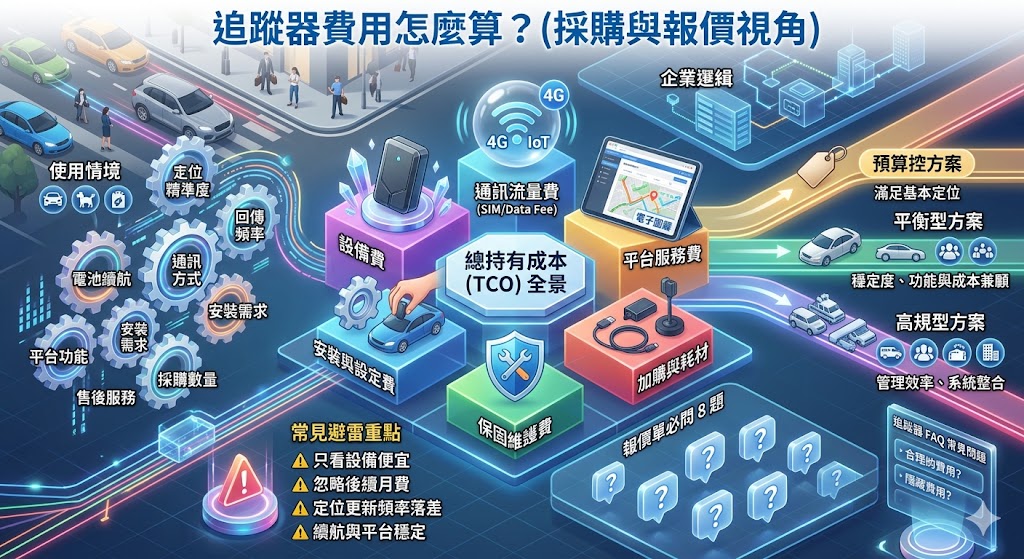 追蹤器費用會依設備規格、定位功能、通訊方案、平台服務、安裝方式與售後保固而不同。本文整理追蹤器報價組成、影響價位的關鍵因素、不同預算情境建議，以及第一次購買追蹤器前必問的報價問題，幫助你看懂費用怎麼算，避免隱藏費與方案落差，快速找到符合需求的追蹤器方案。