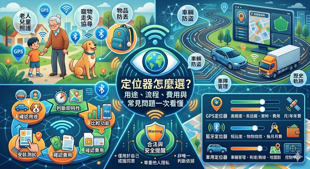 定位器適合用於車輛追蹤、寵物防走失、物品防丟與設備管理，不同定位器在定位方式、續航時間、即時追蹤、月租費用與安裝方式上都有差異。挑選定位器前，建議先確認使用情境、是否需要 GPS 即時定位、App 操作是否方便，以及後續服務費用是否清楚，才能選到符合需求又不容易踩雷的定位器。