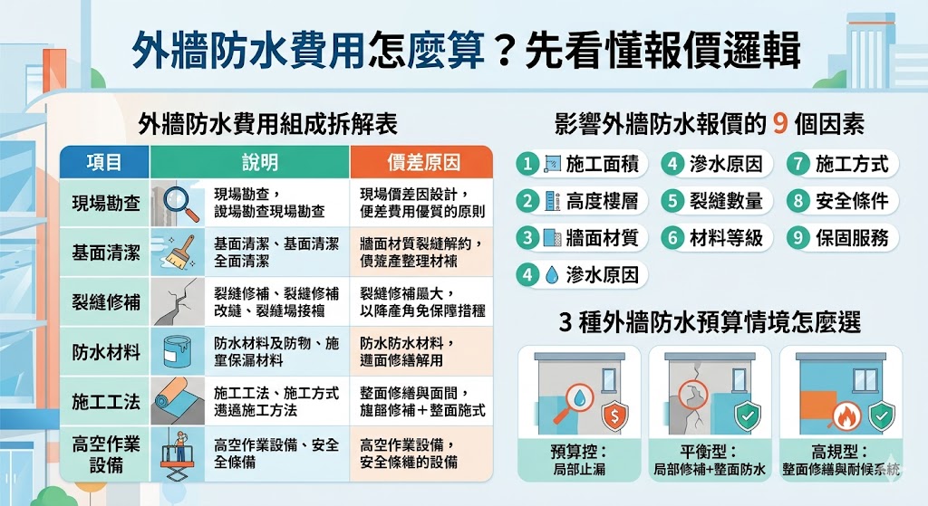 外牆防水費用會受到施工面積、外牆高度、牆面材質、滲水原因、防水材料與高空作業方式影響，因此報價不能只看單一價格。第一次找廠商時，建議先了解外牆防水報價單內容，確認是否包含裂縫修補、窗框填縫、基面清潔、保固與付款方式，才能避免追加費用與施工爭議，選到更適合的外牆防水方案。