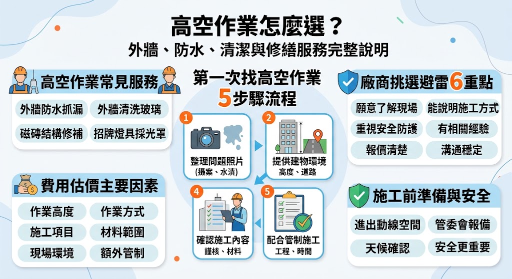 高空作業適用於外牆防水、外牆清潔、玻璃帷幕維護、磁磚修補、招牌安裝、燈具更換、採光罩修繕與鐵皮工程等需求,施工前需評估高度、現場環境、作業方式、安全防護與材料條件。選擇高空作業廠商時,建議確認是否具備現場勘查能力、施工經驗、報價透明度與完善安全措施,避免只用價格判斷,才能讓高處修繕、清潔與防水工程更順利進行。