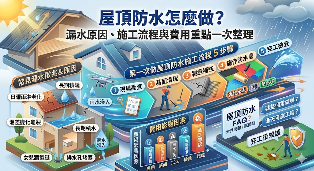 屋頂防水是頂樓、露台與老屋常見的防漏工程,若出現天花板水漬、牆角潮濕、油漆剝落或屋頂積水,就可能需要評估屋頂防水處理。本文整理屋頂防水常見漏水原因、施工流程、費用影響因素與廠商挑選重點,幫助屋主在諮詢前了解工法差異、避開報價陷阱,並依照實際屋況選擇合適的屋頂防水方式,降低雨季滲水與反覆修補的風險。