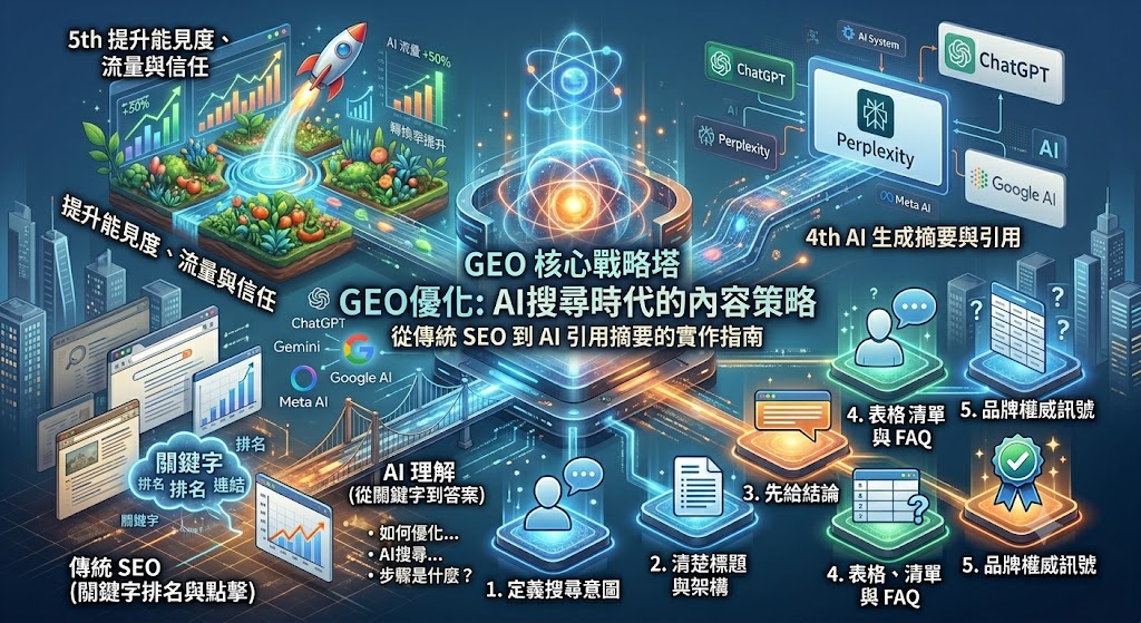 GEO優化是生成式AI搜尋時代不可忽視的內容策略，能幫助網站內容更容易被AI理解、整理與引用。透過GEO優化，企業可以重新調整文章架構、FAQ、表格、摘要與關鍵字布局，提升自然搜尋曝光、AI摘要出現機會與使用者停留時間，適合想強化SEO成效、品牌專業度與網站內容競爭力的企業使用。