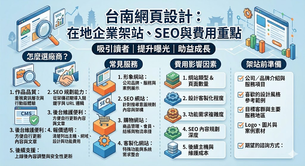 台南網頁設計不只是建立企業官網，更關係到品牌形象、SEO曝光與客戶諮詢轉換。選擇台南網頁設計公司時，建議從作品品質、網站架構、SEO規劃、後台維護、報價透明度與後續支援等面向評估，才能打造適合在地企業長期經營的網站。