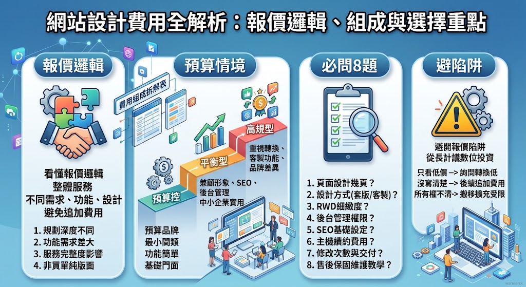 網站設計費用會依網站類型、頁面數量、設計方式、功能需求、SEO設定與後續維護而有所不同。第一次找網站設計公司時，建議不要只比較總價，而是要看懂報價單是否包含企劃、視覺設計、RWD手機版、後台管理、內容上架、主機網域與保固服務。透過完整了解網站設計費用組成、影響報價的因素與常見追加項目，能幫助企業更準確評估預算，選擇適合品牌形象、行銷需求與長期經營的網站設計方案。